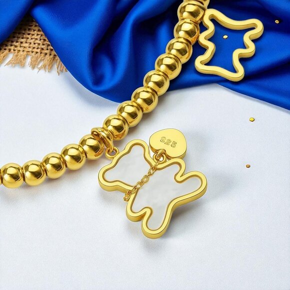 🆕️18K Gold Plated Bear Charm Stretch Bracelet Beaded Stainless Steel Stackable - Picture 6 of 11